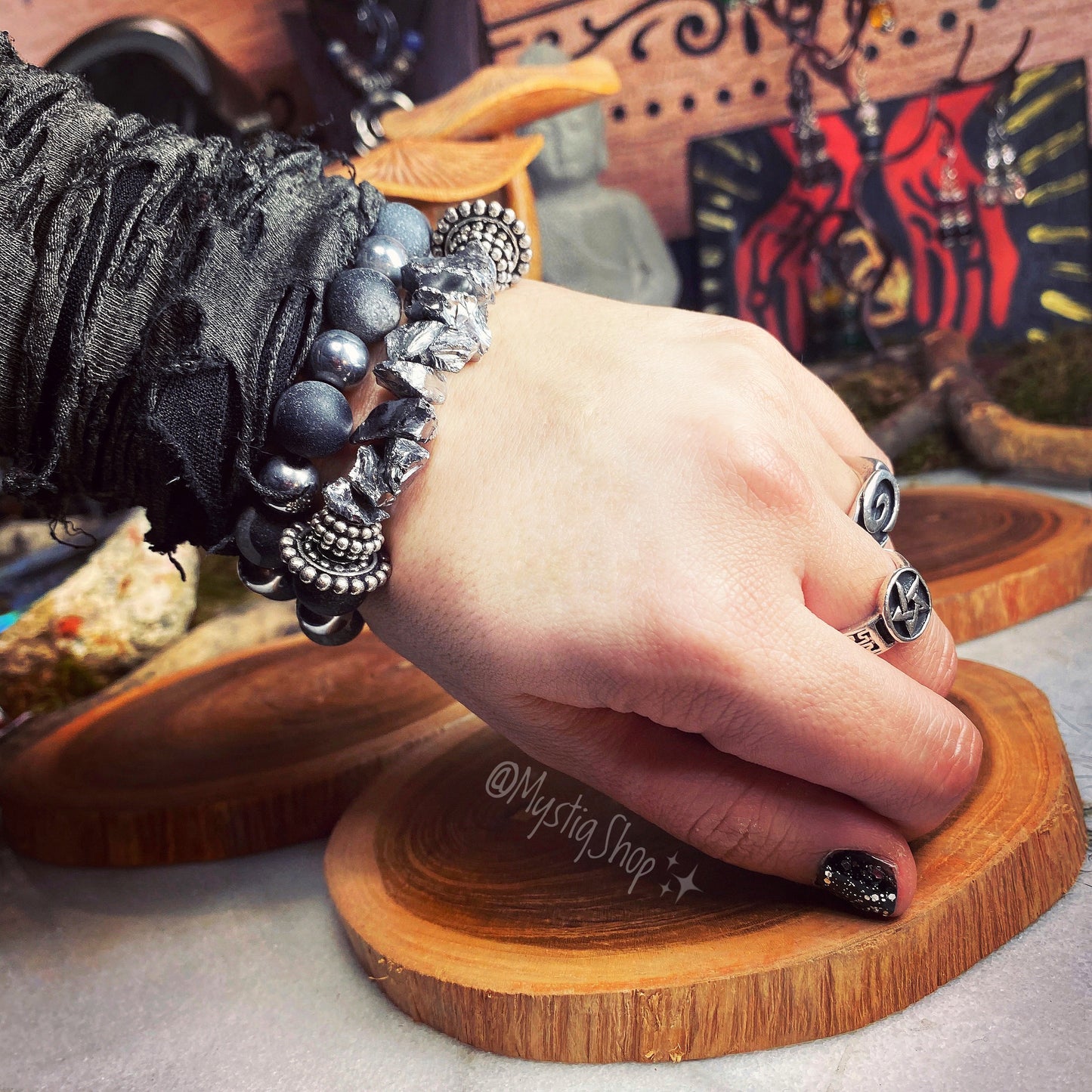 Pyrite Chunk / Hematite / Grey Agate Bracelet Stack