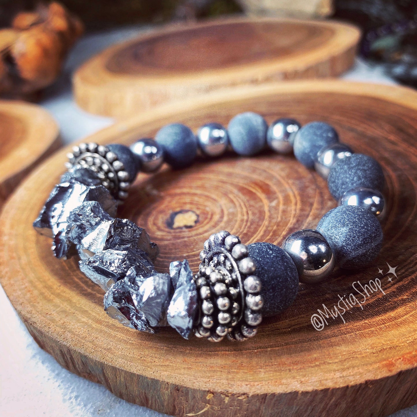Pyrite Chunk / Hematite / Grey Agate Bracelet Stack