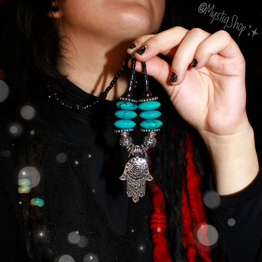 💙Turquoise & Hematite Hamsa Necklace