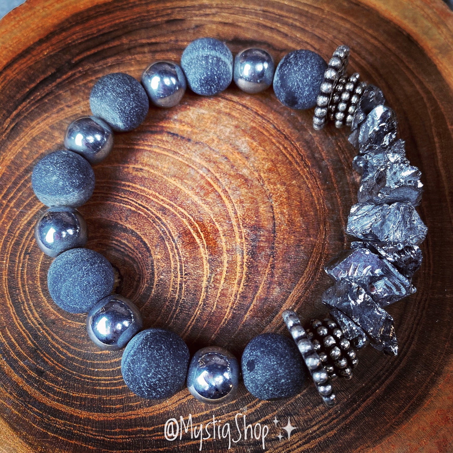 Pyrite Chunk / Hematite / Grey Agate Bracelet Stack